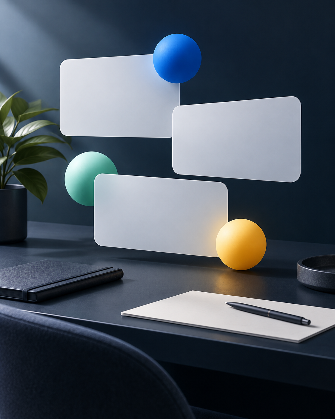 Illustration of a practical task bench with floating cards and colourful spheres